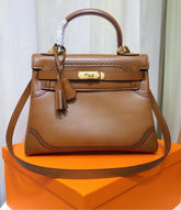 Kelly Sellier Ghillies 28cm Natural Sable Barenia Leather Gold Hardware Women Handbag