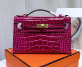 Kelly Pochette Fuchsia Shiny Niloticus Crocodile Leather Gold Hardware Women Clutch Bag