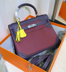 Kelly Sellier Ghillies 28cm Bordeaux & Marron Foncé Barenia Leather Palladium Hardware Women Handbag