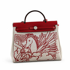 Hermès Herbag Zip 31 Écru Toile H Rouge Pegasus Print / Rouge Epsom Calf Leather Palladium Hardware