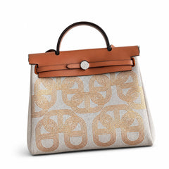 Hermès Herbag Zip 31 Écru Toile H Gold Chain D'Ancre Print / Fauve Vache Hunter Leather Palladium Hardware