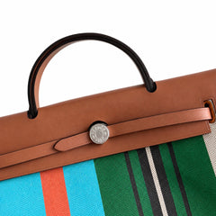 Hermès Herbag Zip 31 Écru Toile H Multicolor Vertical Stripe Print / Fauve Vache Hunter Leather Palladium Hardware
