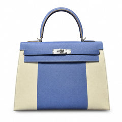 Hermès Kelly Flag Sellier 32 Craie & Blue Agate Epsom Calf Leather Palladium Hardware