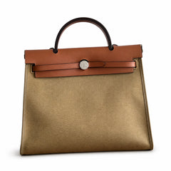 Hermès Herbag 31 Khaki Canvas & Caramel Calf Leather Palladium Hardware