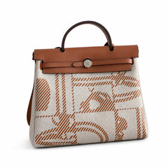 Hermès Herbag Zip 31 Écru Toile H Fauve H Geometric Stripe Print / Fauve Vache Hunter Leather Palladium Hardware