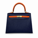 Hermès Kelly Sellier 25cm Sapphire Blue & Orange H Epsom Calf Leather Frosted Gold Hardware
