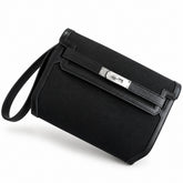 Hermès Kelly Dépêches 25 Noir Toile Militaire / Noir Swift Calf Leather Palladium Hardware