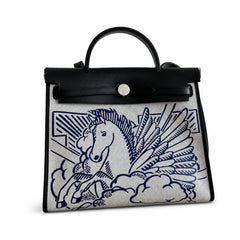 Hermès Herbag Zip 31 Ecru Toile H Blue Pegasus Print / Noir Epsom Calf Leather Palladium Hardware