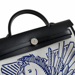 Hermès Herbag Zip 31 Ecru Toile H Blue Pegasus Print / Noir Epsom Calf Leather Palladium Hardware