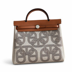 Hermès Herbag Zip 31 Écru Toile H Gris Chain D'Ancre Print / Fauve Vache Hunter Leather Palladium Hardware