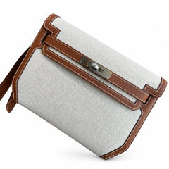 Hermès Kelly Dépêches 25 Ecru Toile Militaire / Fauve Swift Calf Leather Palladium Hardware