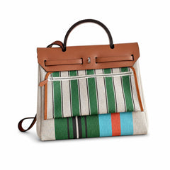 Hermès Herbag Zip 31 Écru Toile H Multicolor Vertical Stripe Print / Fauve Vache Hunter Leather Palladium Hardware