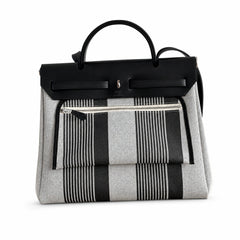 Hermès Herbag Zip 31 Écru Toile H Noir H Stripes Print / Noir Vache Hunter Leather Palladium Hardware