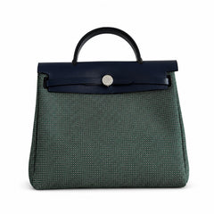 Hermès Herbag Zip 31 Vert Cypress Mini Grid Toile H / Bleu Marine Vache Hunter Leather Palladium Hardware