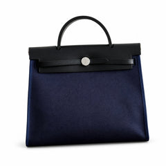 Hermès Herbag Zip 31 Navy Canvas & Black Calf Leather Palladium Hardware