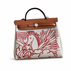 Hermès Herbag Zip 31 Écru Toile H Rouge Pegasus Print / Fauve Vache Hunter Leather Palladium Hardware