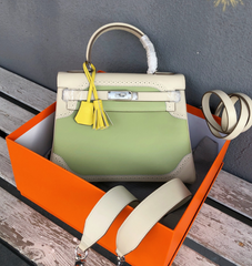 Kelly Sellier Ghillies 28cm Craie & Vert Pomme Barenia Leather Palladium Hardware Women Handbag