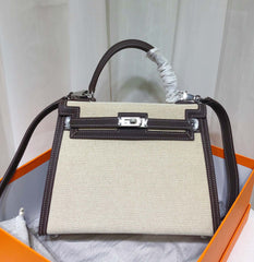 Kelly 25 Bag With Exterior Stitching Crafted Of Patchwork Canvas & Premium Swift Leather, Classic Deep Ebony Wood Shade, Unique Mixed Material Texture With Distinct Vintage Charm Dimensions: Length 25 * Width 10 * Height 18cm