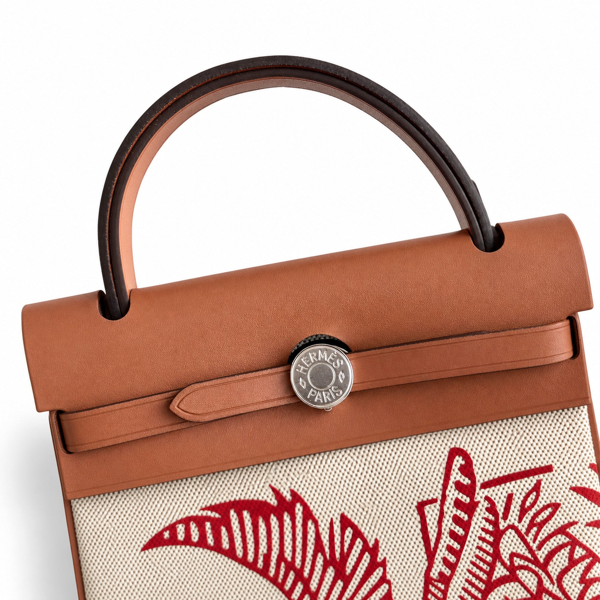 Hermès Herbag Zip 31 Écru Toile H Rouge Pegasus Print / Fauve Vache Hunter Leather Palladium Hardware