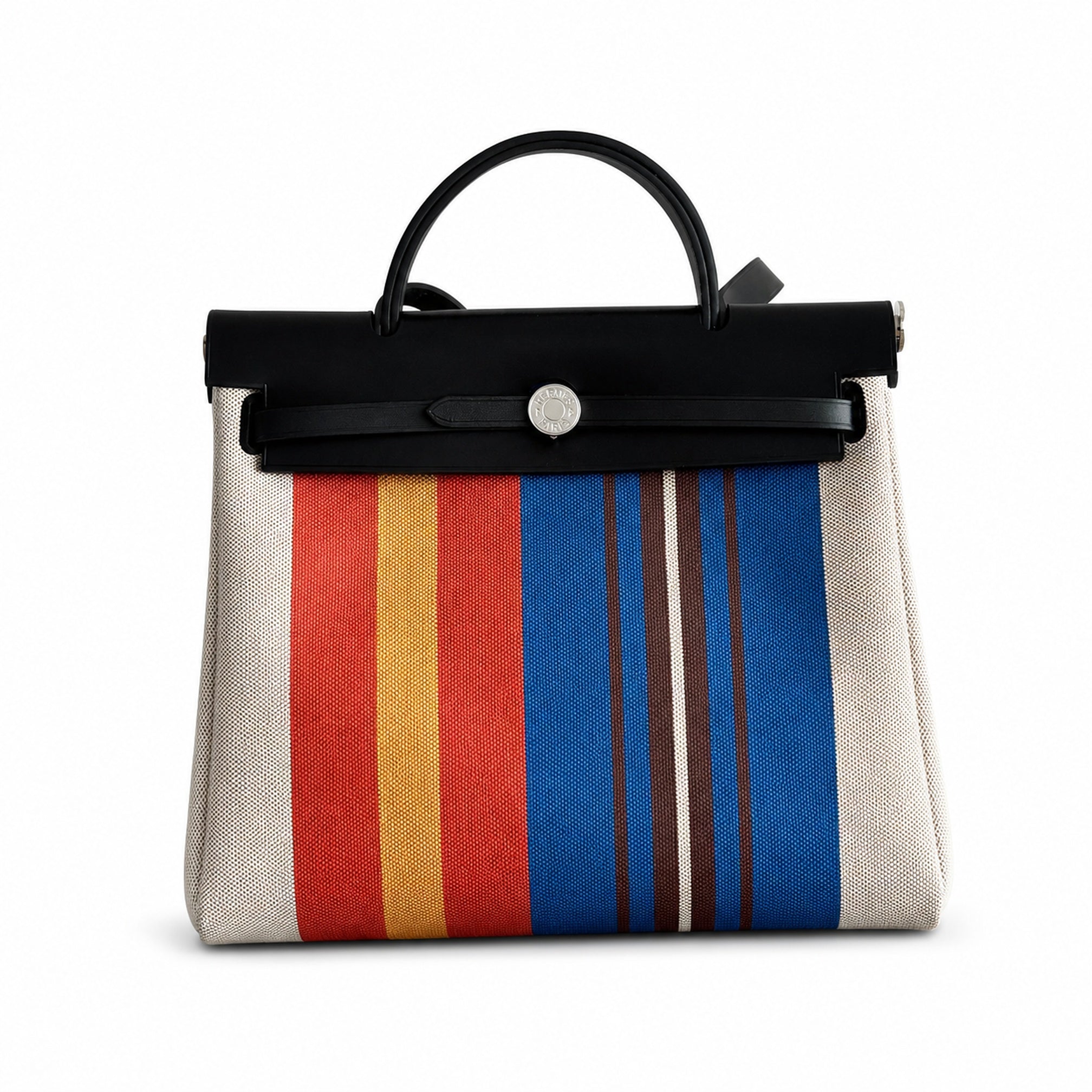 Hermès Herbag Zip 31 Écru Toile H Primary Vertical Stripe Print / Noir Vache Hunter Leather Palladium Hardware