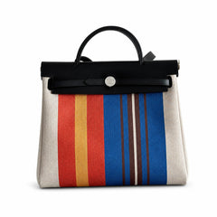 Hermès Herbag Zip 31 Écru Toile H Primary Vertical Stripe Print / Noir Vache Hunter Leather Palladium Hardware