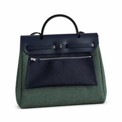 Hermès Herbag Zip 31 Vert Cypress Mini Grid Toile H / Bleu Marine Vache Hunter Leather Palladium Hardware