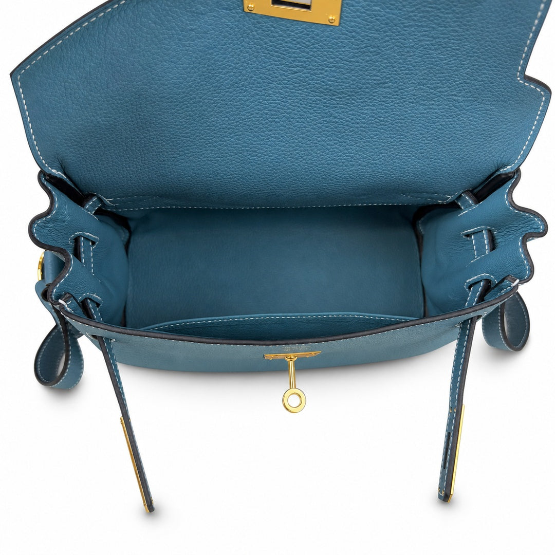 Kelly Messenger PM 27 Veau Togo, Bleu Jean, Gold Hardware