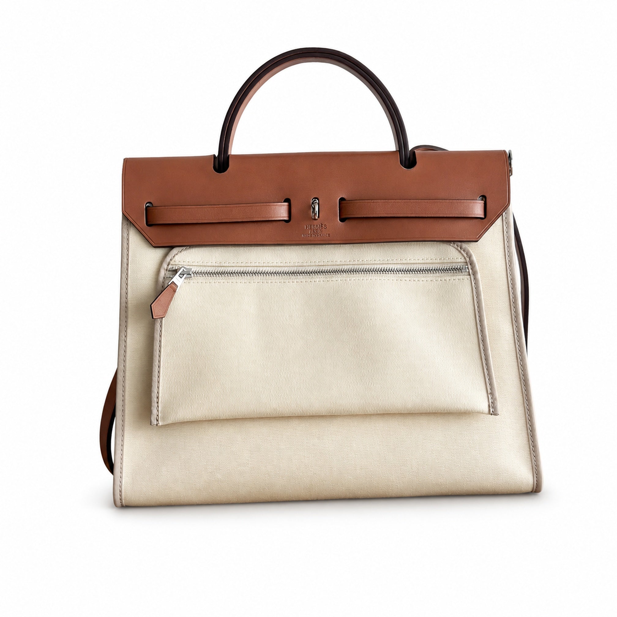 Hermès Herbag 31 Cream Canvas & Caramel Calf Leather Palladium Hardware