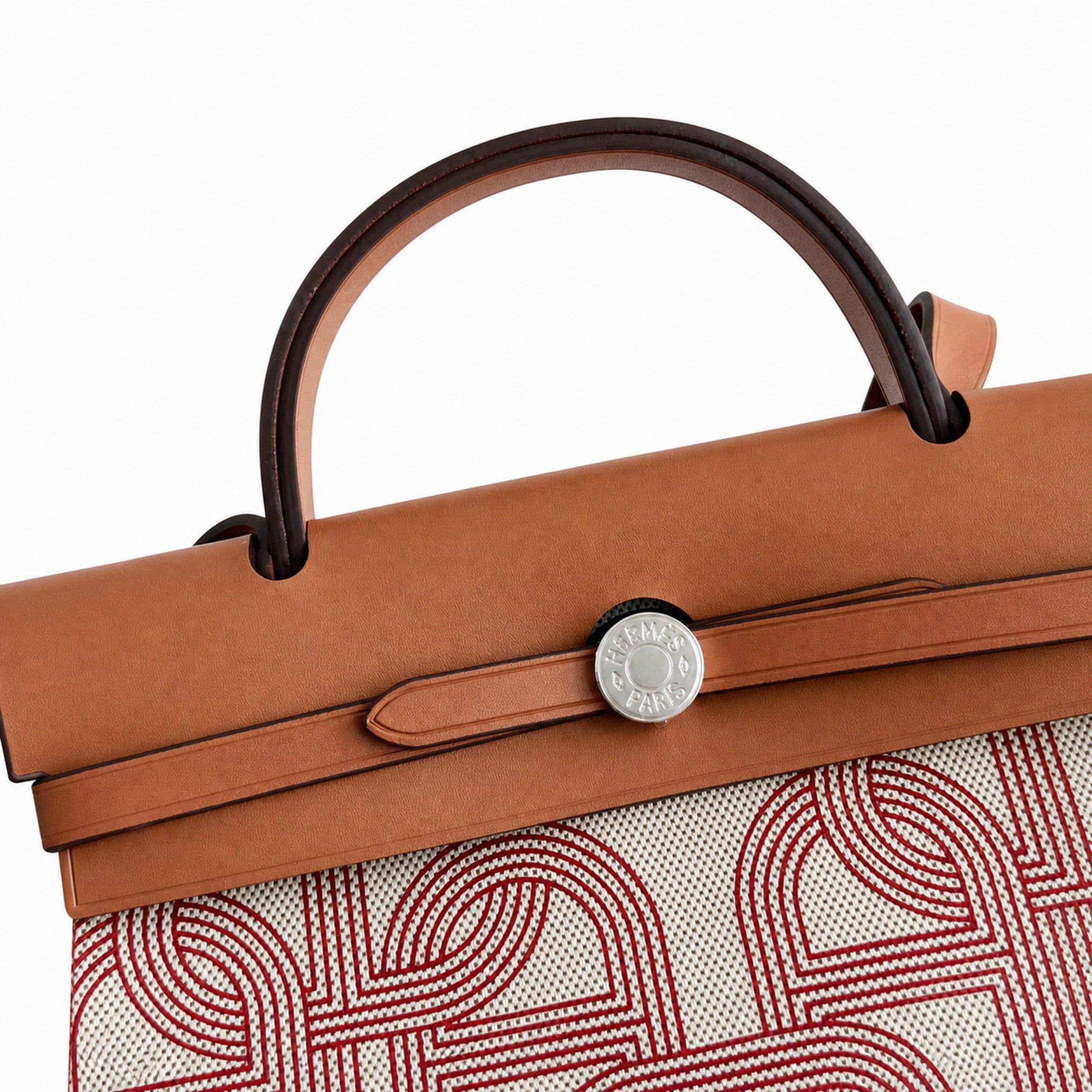 Hermès Herbag Zip 31 Écru Toile H Rouge Chain D'Ancre Print / Fauve Vache Hunter Leather Palladium Hardware