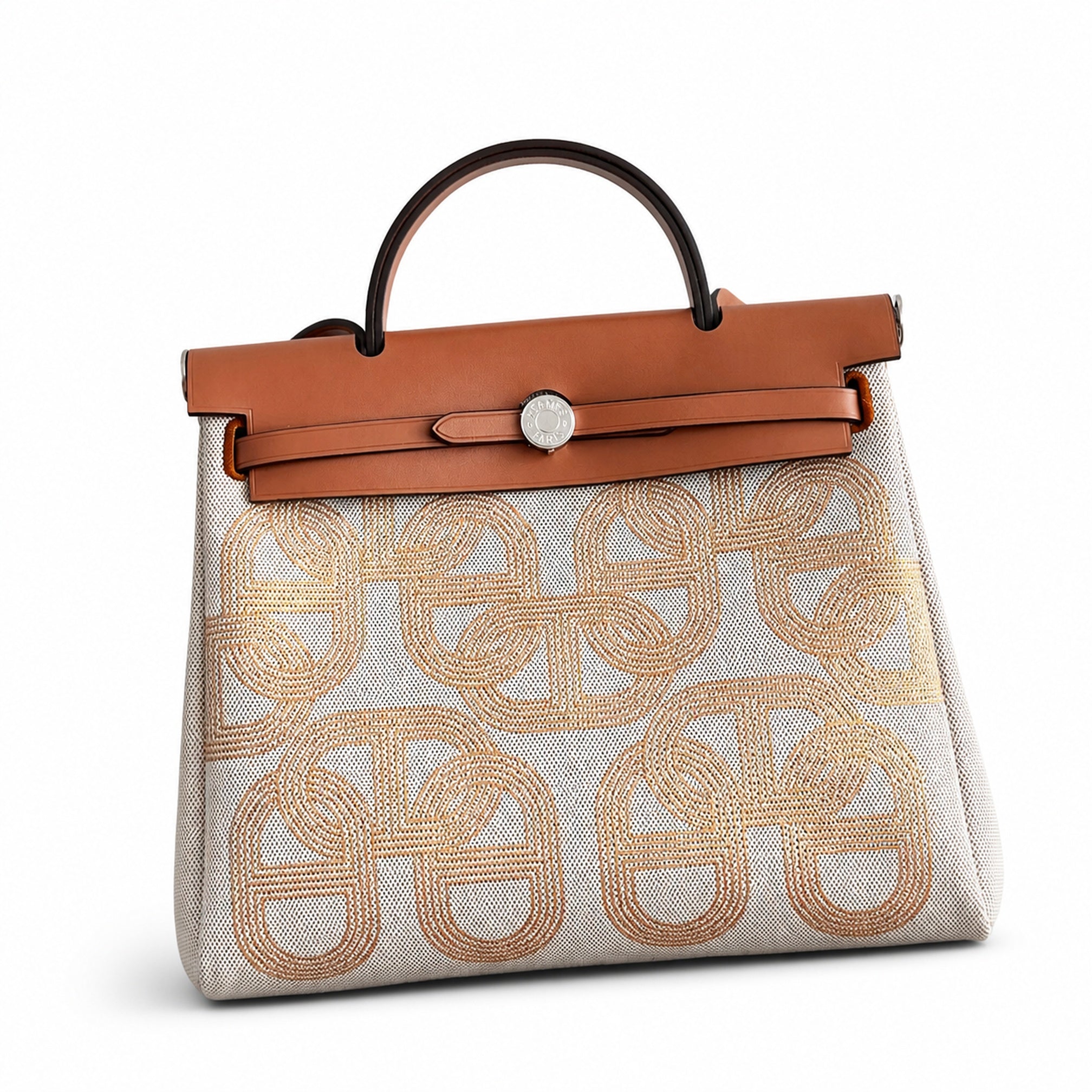 Hermès Herbag Zip 31 Écru Toile H Gold Chain D'Ancre Print / Fauve Vache Hunter Leather Palladium Hardware