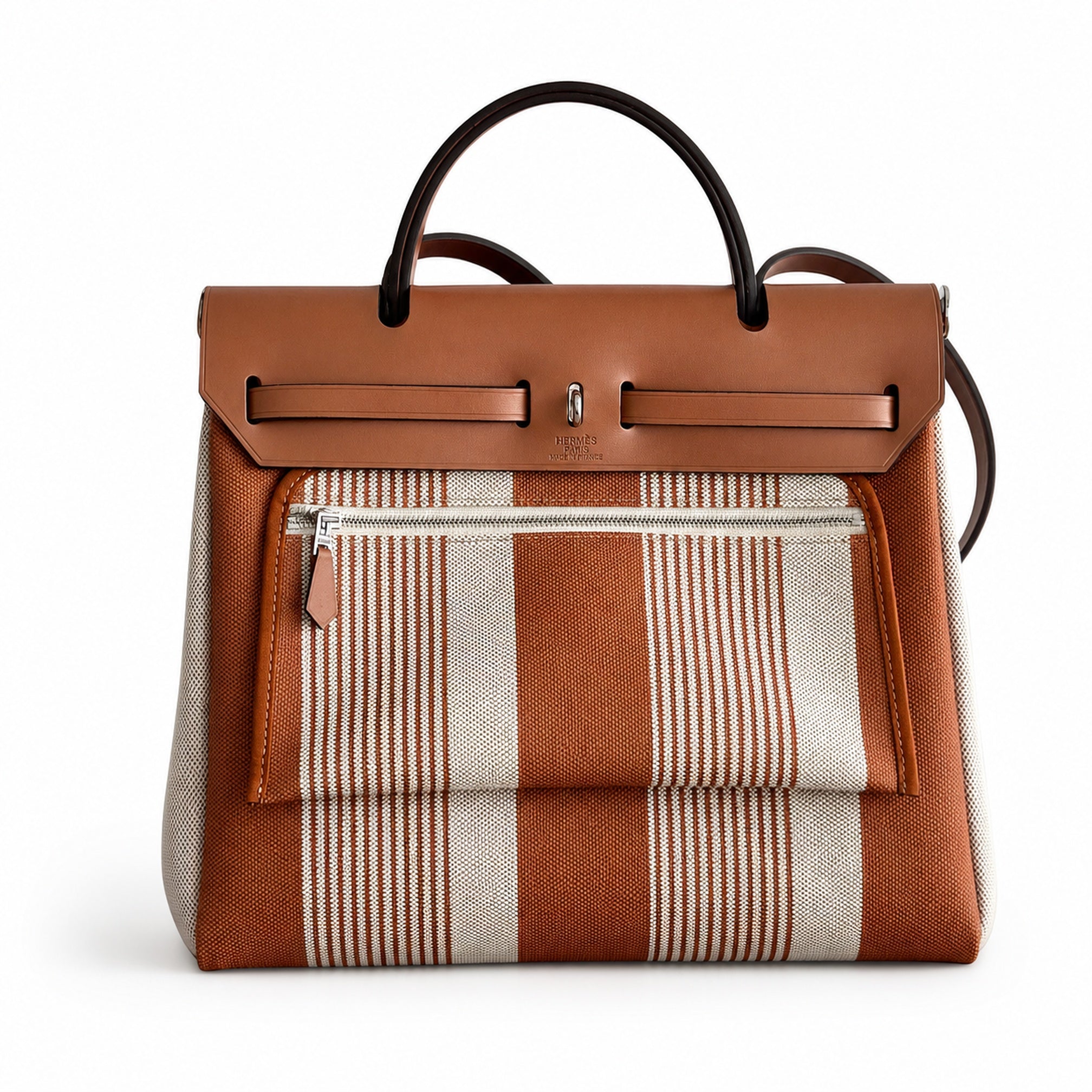 Hermès Herbag Zip 31 Écru Toile H Fauve H Vertical Stripe Print / Fauve Vache Hunter Leather Palladium Hardware