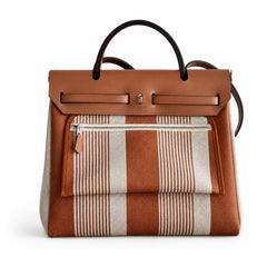 Hermès Herbag Zip 31 Écru Toile H Fauve H Vertical Stripe Print / Fauve Vache Hunter Leather Palladium Hardware