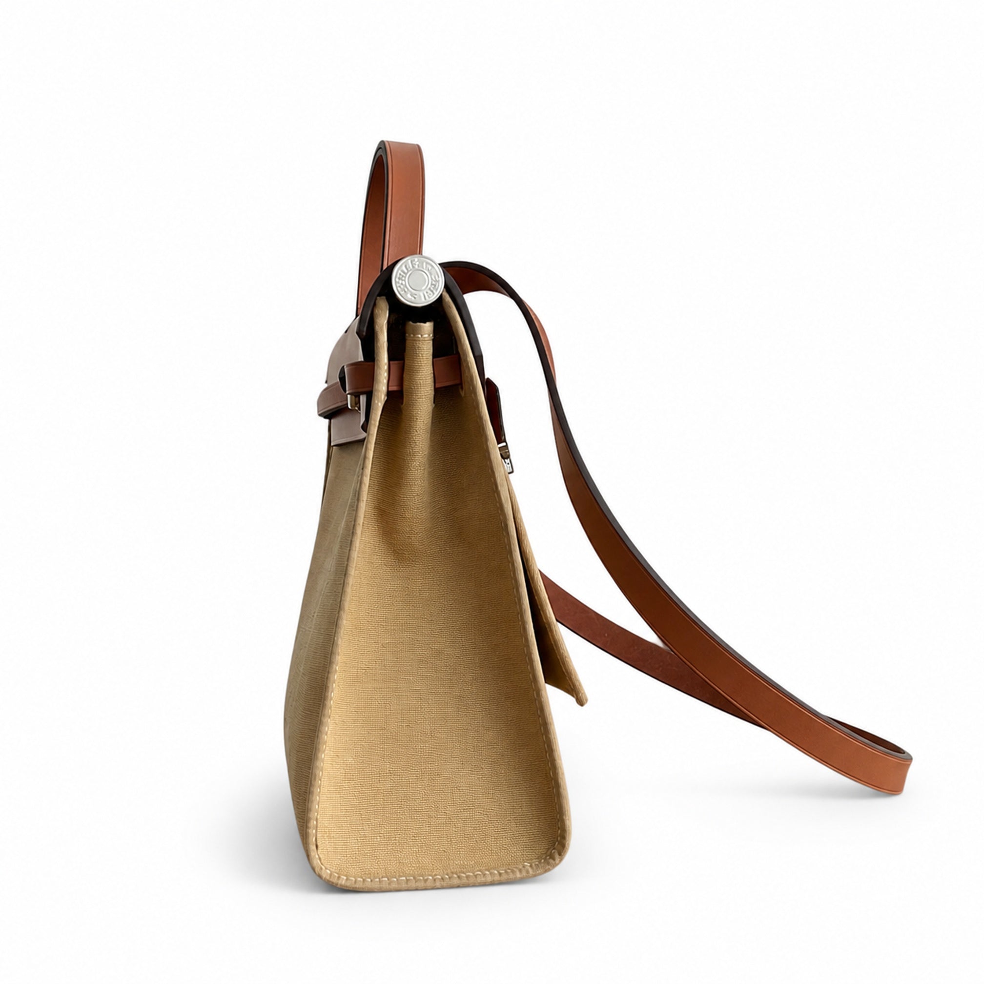Hermès Herbag 31 Khaki Canvas & Caramel Calf Leather Palladium Hardware
