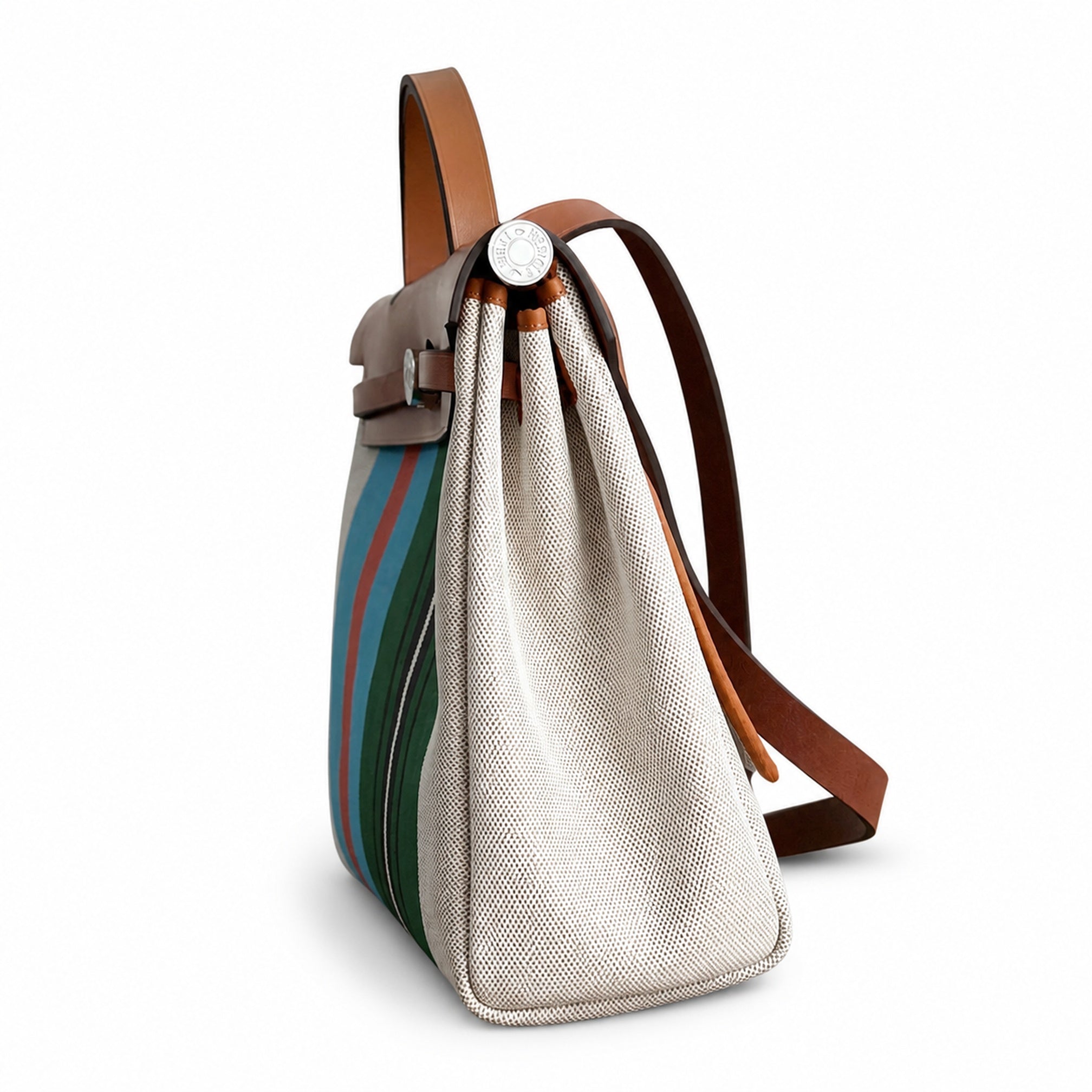 Hermès Herbag Zip 31 Écru Toile H Multicolor Vertical Stripe Print / Fauve Vache Hunter Leather Palladium Hardware