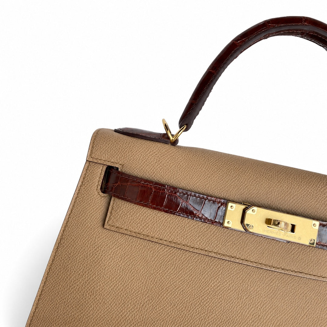 Hermès Kelly Sellier 28cm Epsom Calf Leather & Honey Brown Crocodile Gold Hardware
