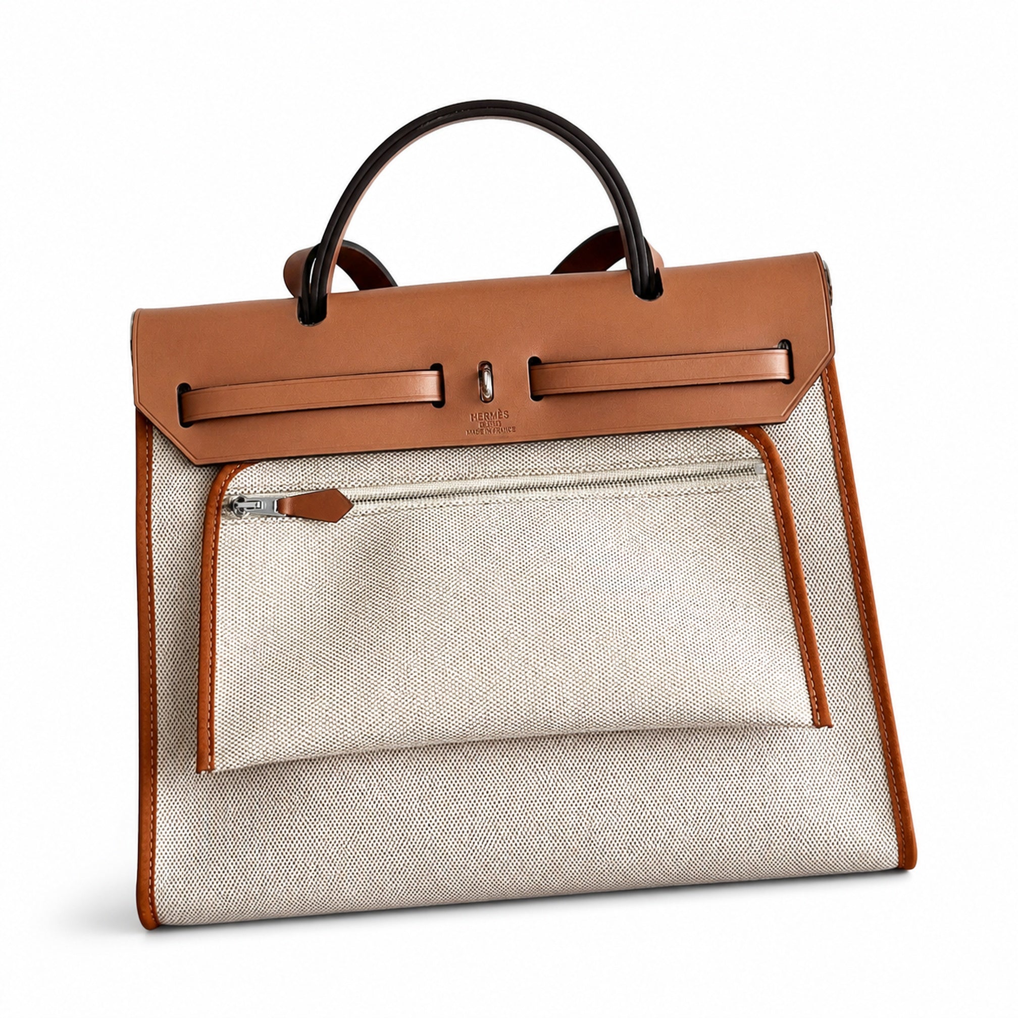 Hermès Herbag Zip 31 Ecru Toile Militaire & Gold Brown Box Calf Leather Palladium Hardware
