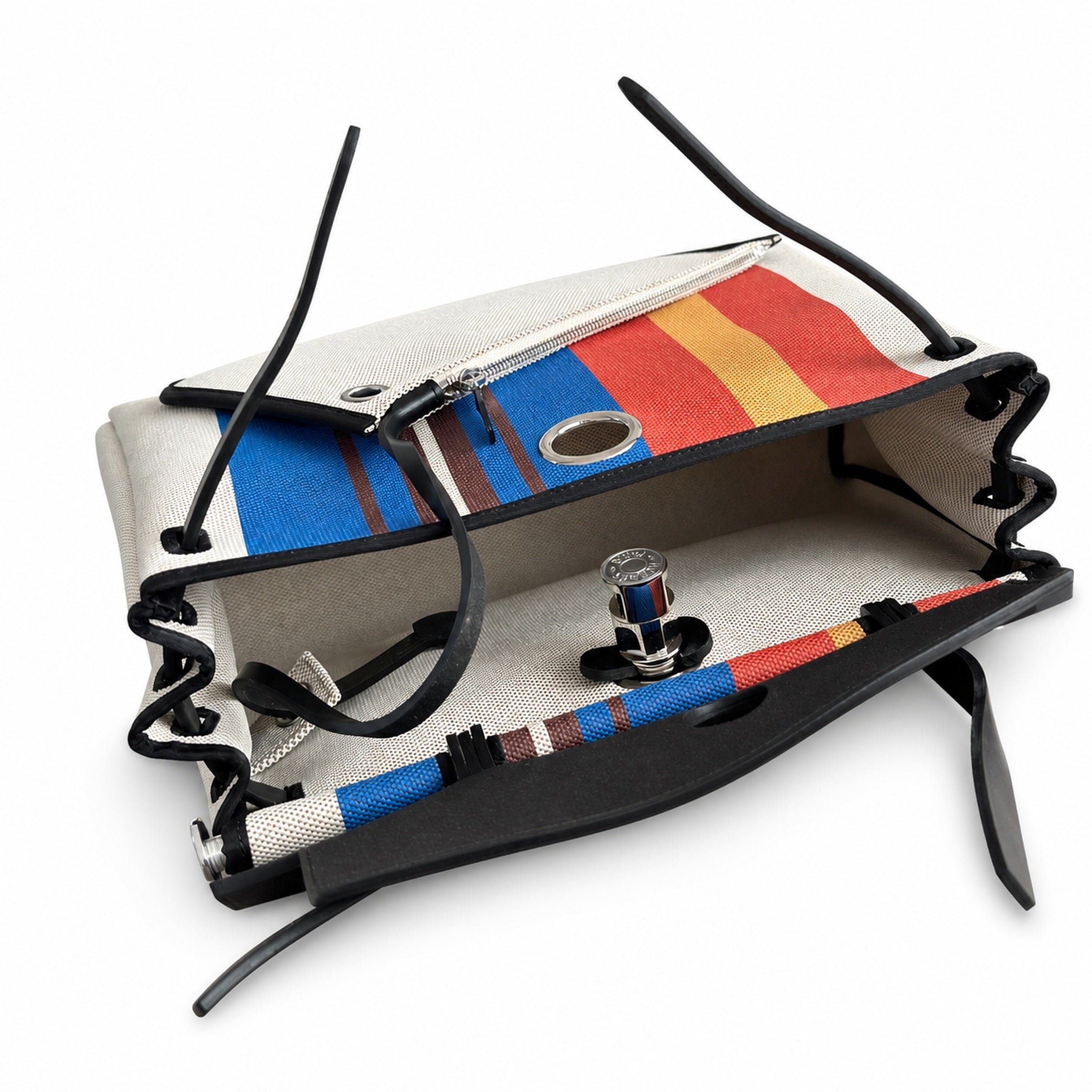 Hermès Herbag Zip 31 Écru Toile H Primary Vertical Stripe Print / Noir Vache Hunter Leather Palladium Hardware