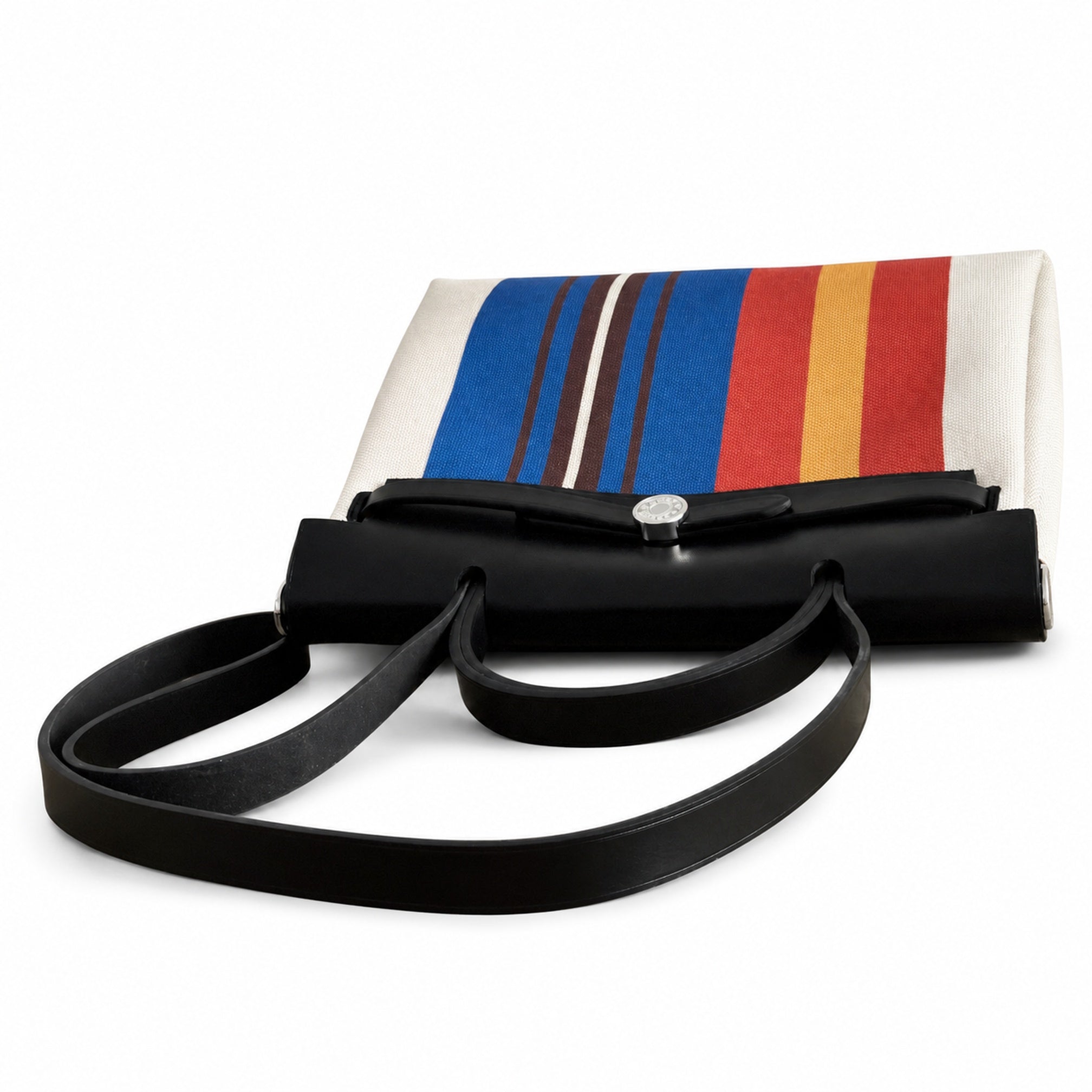 Hermès Herbag Zip 31 Écru Toile H Primary Vertical Stripe Print / Noir Vache Hunter Leather Palladium Hardware