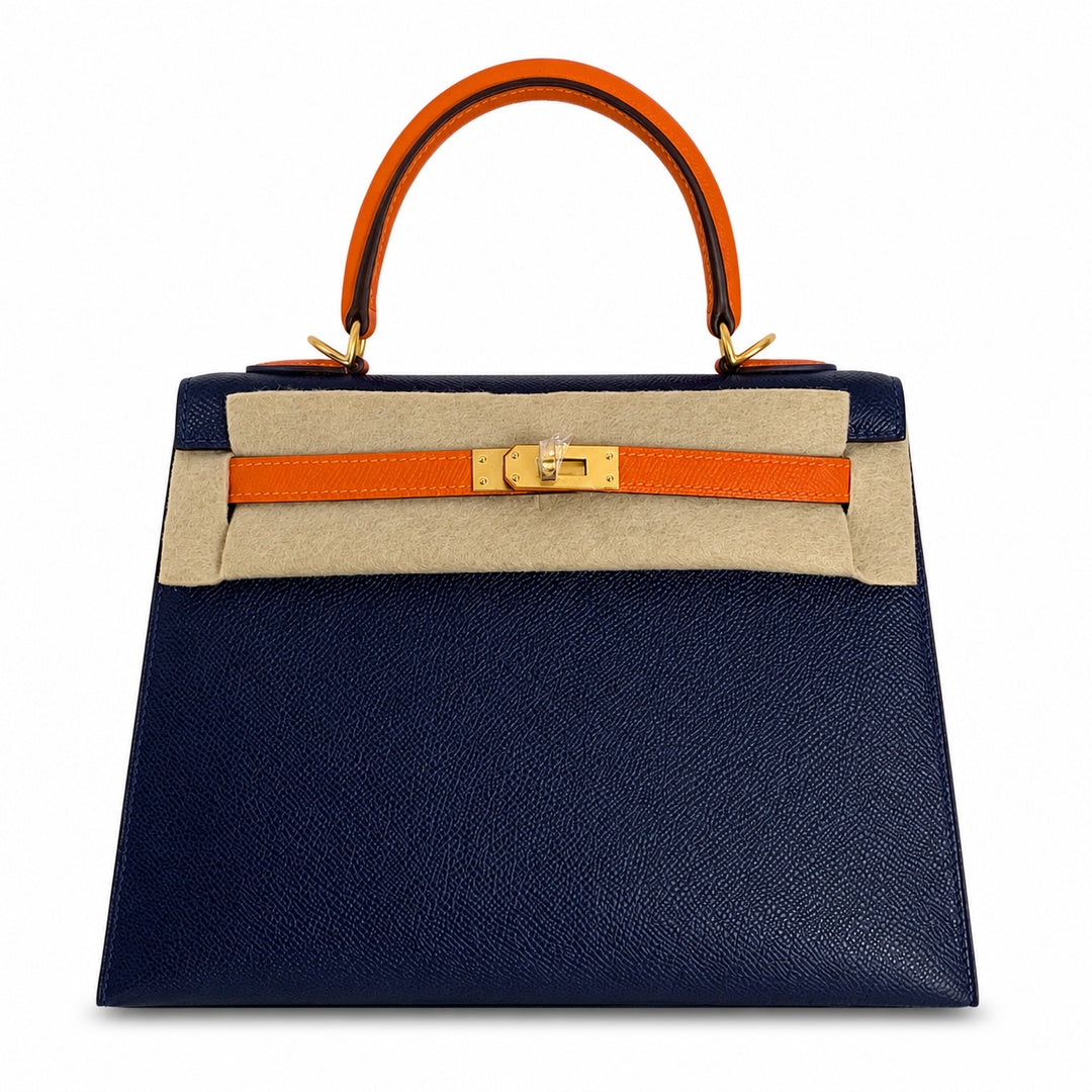 Hermès Kelly Sellier 25cm Sapphire Blue & Orange H Epsom Calf Leather Frosted Gold Hardware