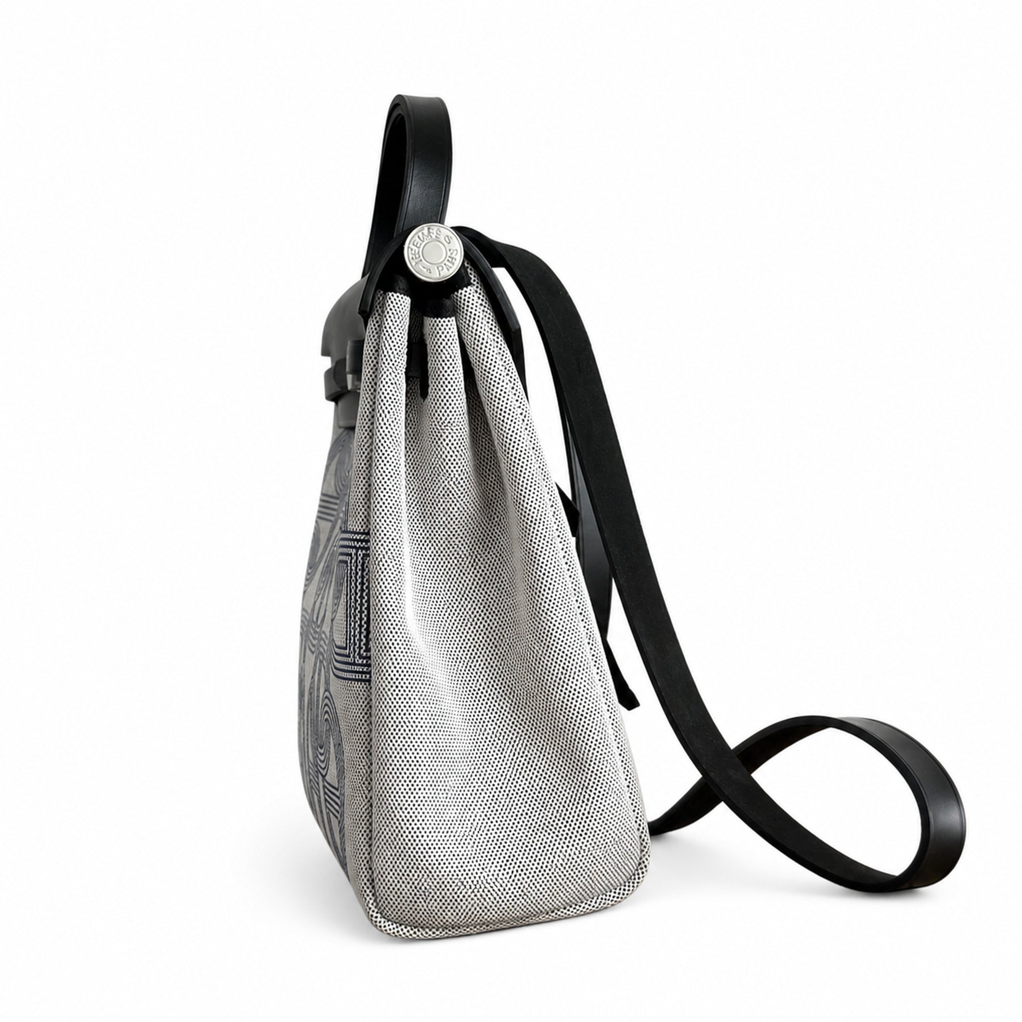 Hermès Herbag Zip 31 Écru Toile H Bleu Marine Chain D'Ancre Print / Noir Vache Hunter Leather Palladium Hardware