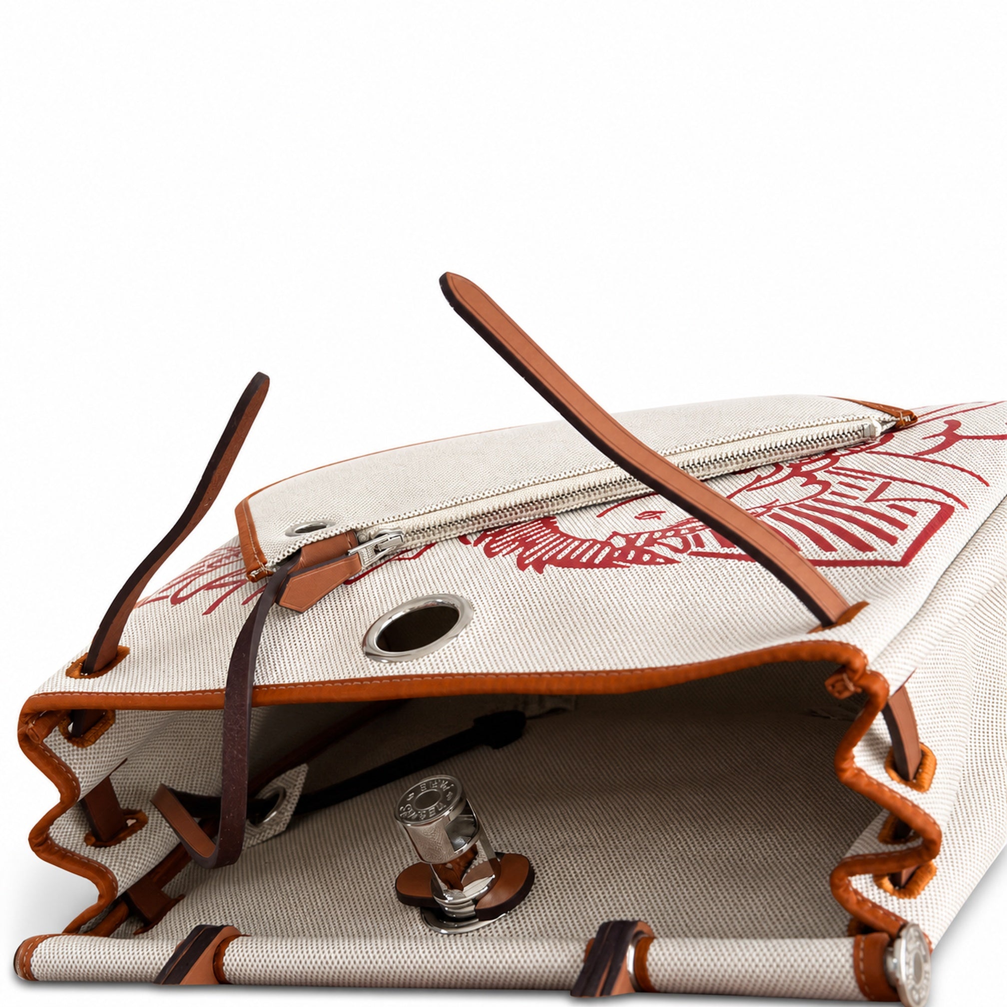 Hermès Herbag Zip 31 Écru Toile H Rouge Pegasus Print / Fauve Vache Hunter Leather Palladium Hardware