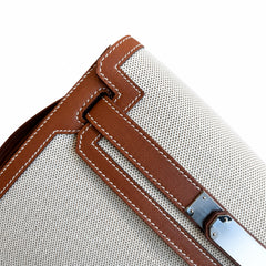 Hermès Kelly Dépêches 25 Ecru Toile Militaire / Fauve Swift Calf Leather Palladium Hardware