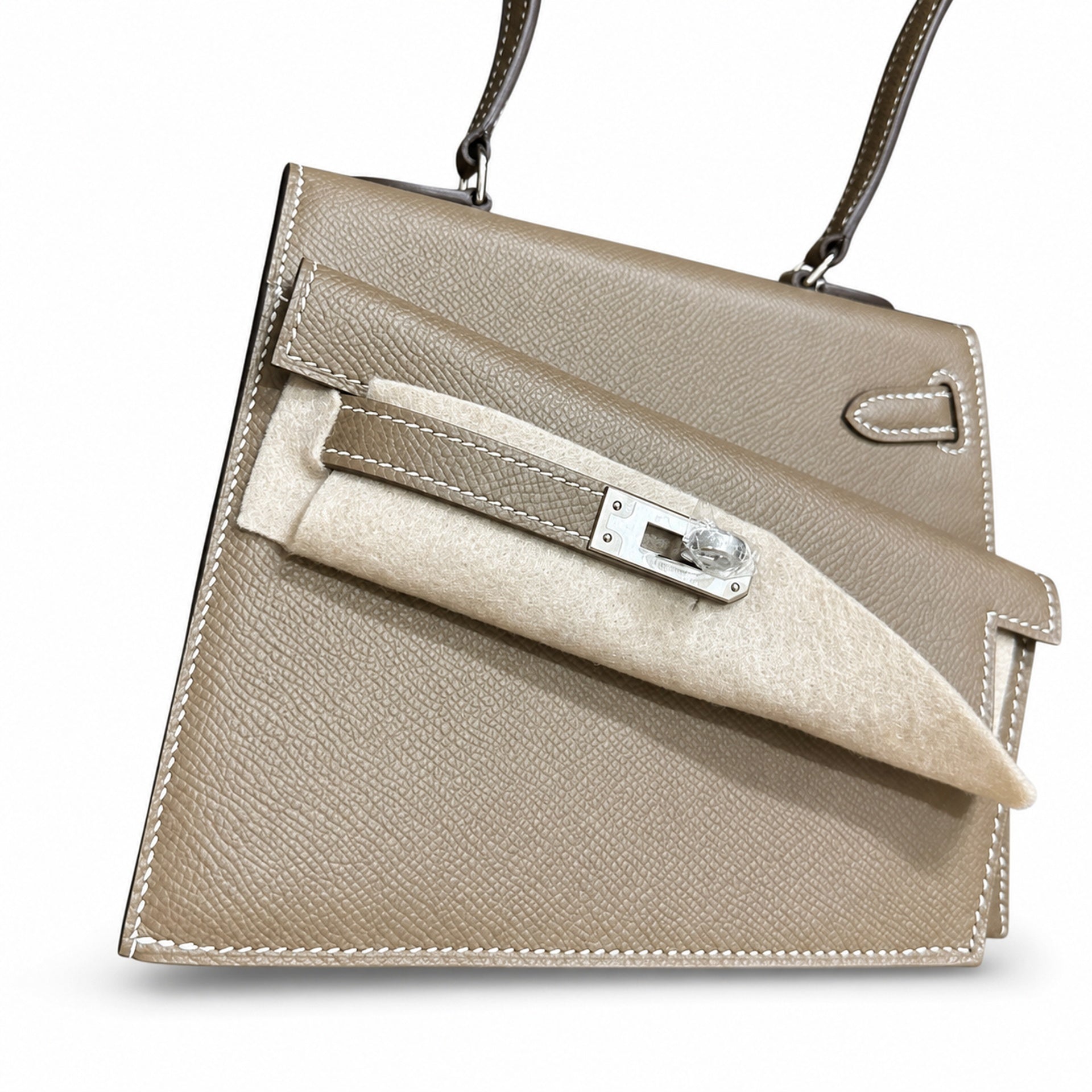 Hermès Kelly Desordre Sellier 20cm Etoupe Epsom Calf Leather Palladium Hardware
