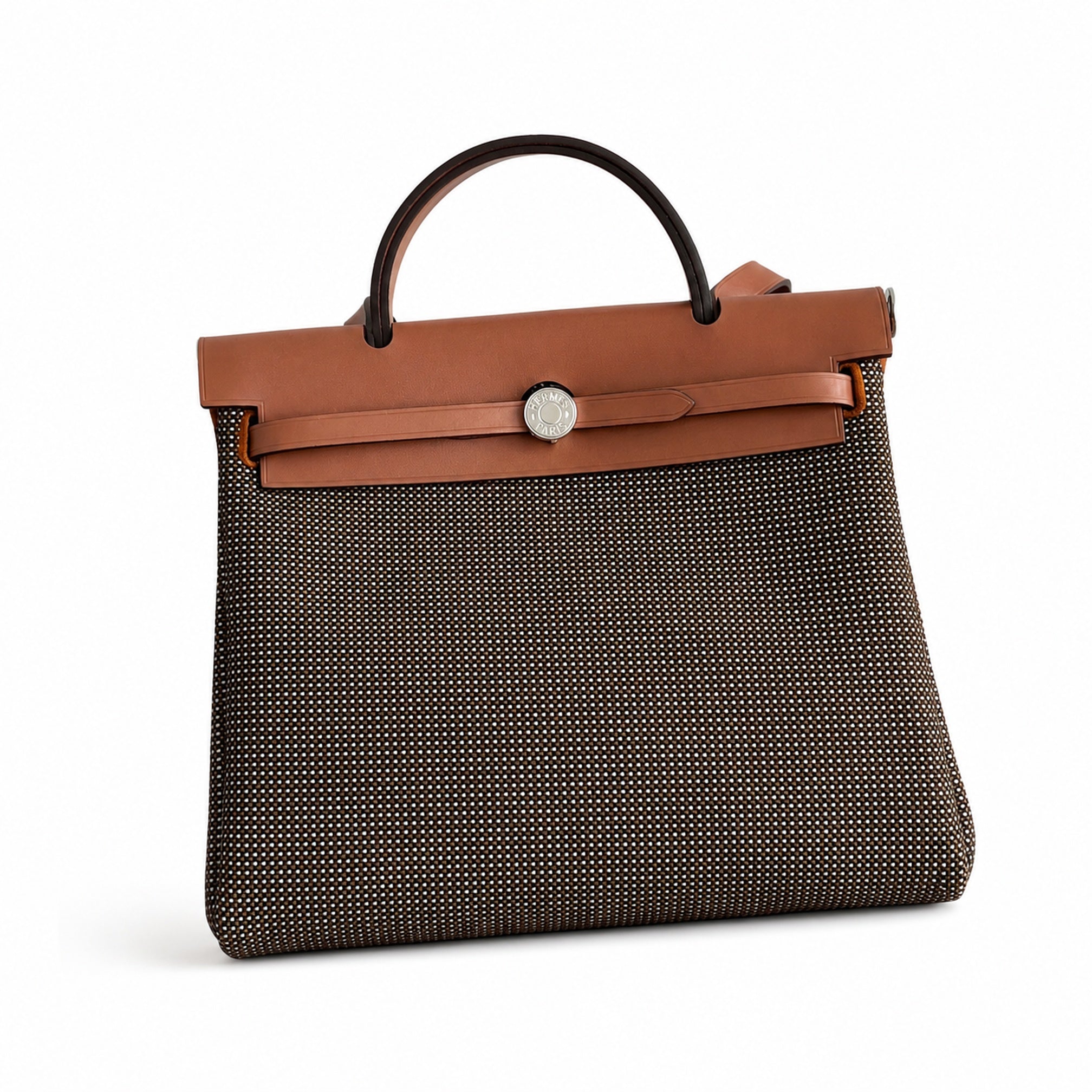 Hermès Herbag Zip 31 Brun Mini Grid Toile H / Fauve Vache Hunter Leather Palladium Hardware