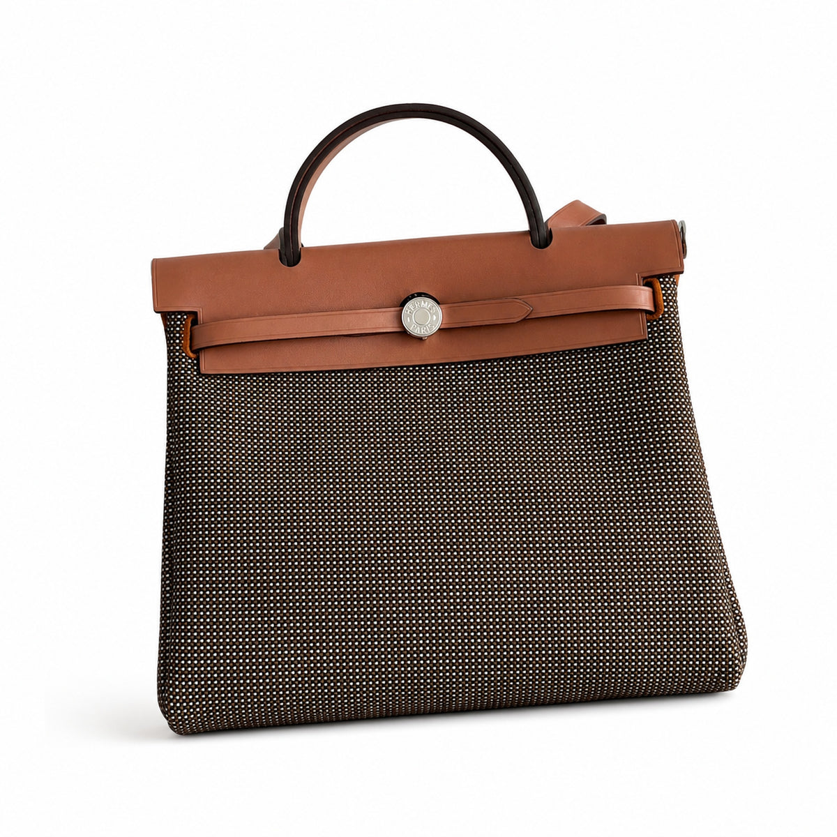 Hermès Herbag Zip 31 Brun Mini Grid Toile H / Fauve Vache Hunter Leather Palladium Hardware