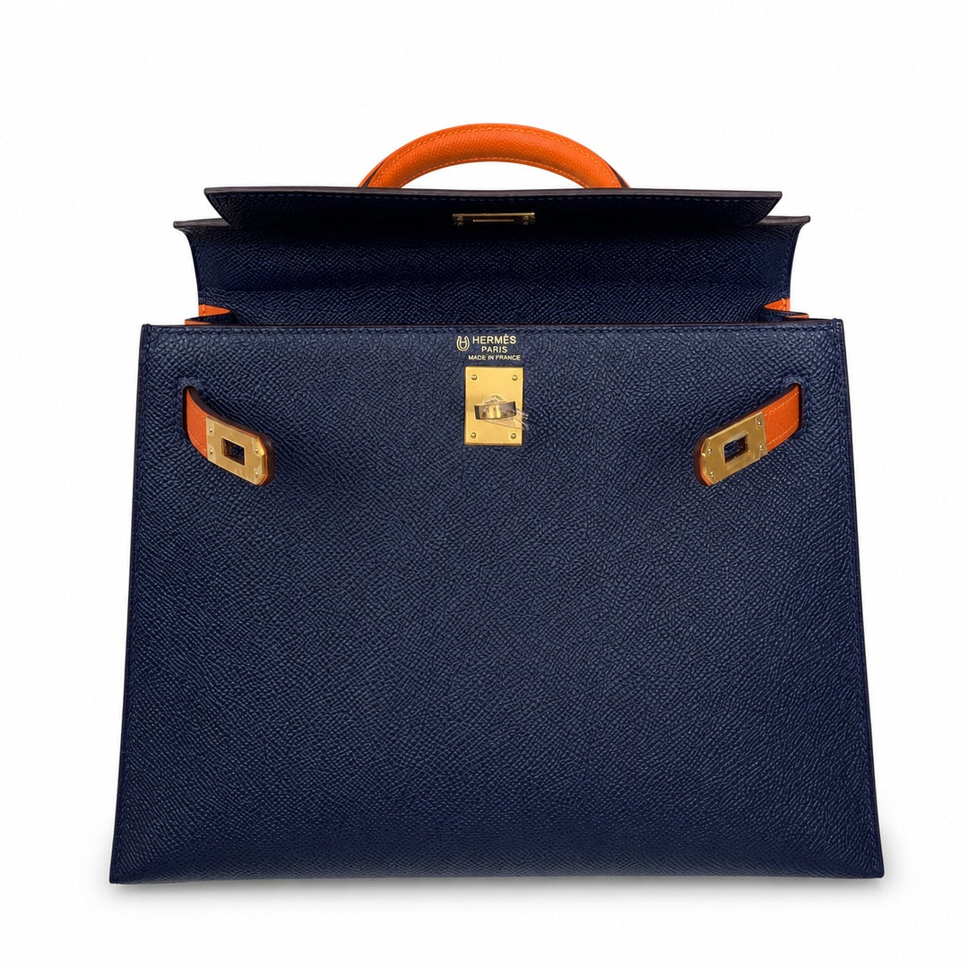 Hermès Kelly Sellier 25cm Sapphire Blue & Orange H Epsom Calf Leather Frosted Gold Hardware