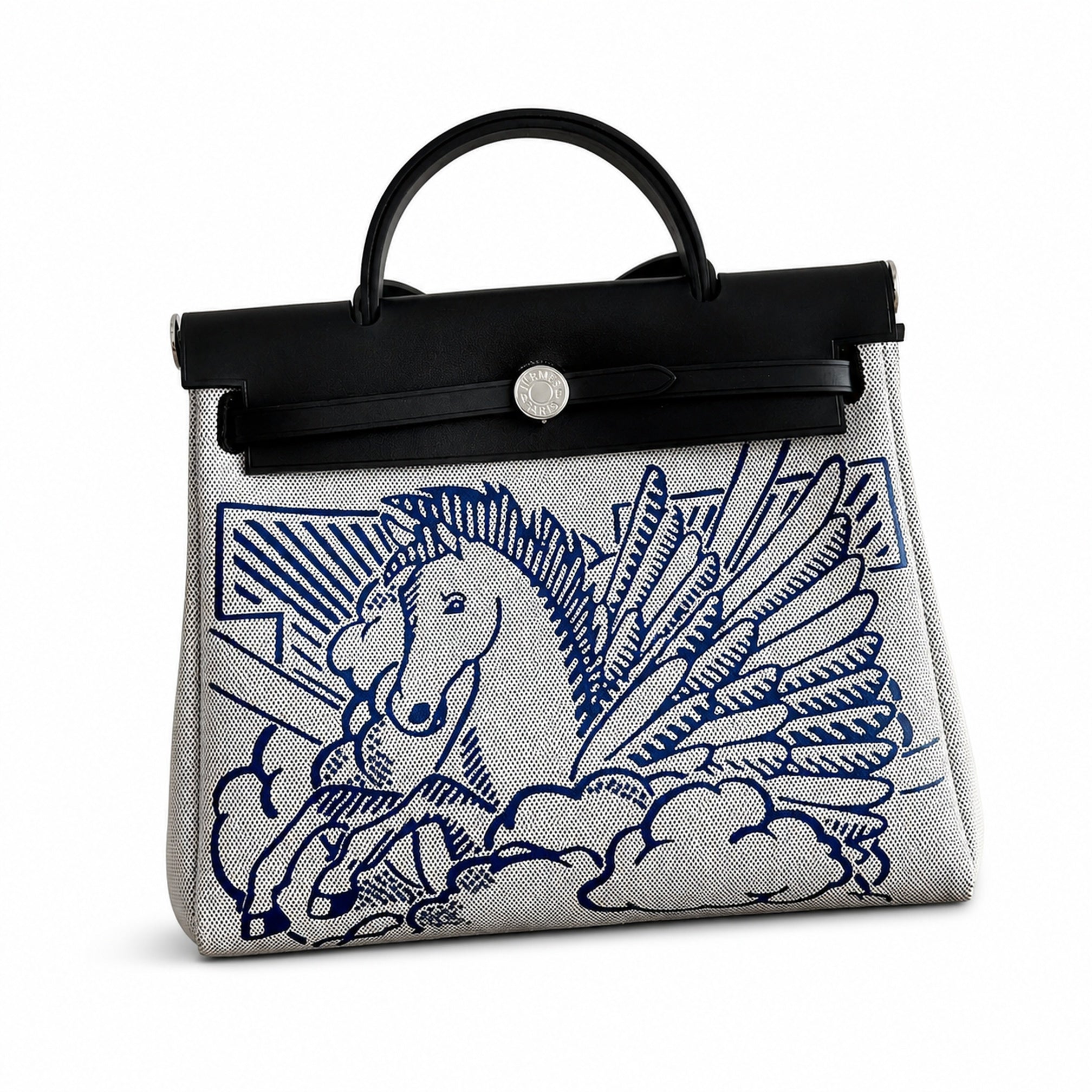 Hermès Herbag Zip 31 Écru Toile H Bleu Marine Pegasus Print / Noir Vache Hunter Leather Palladium Hardware