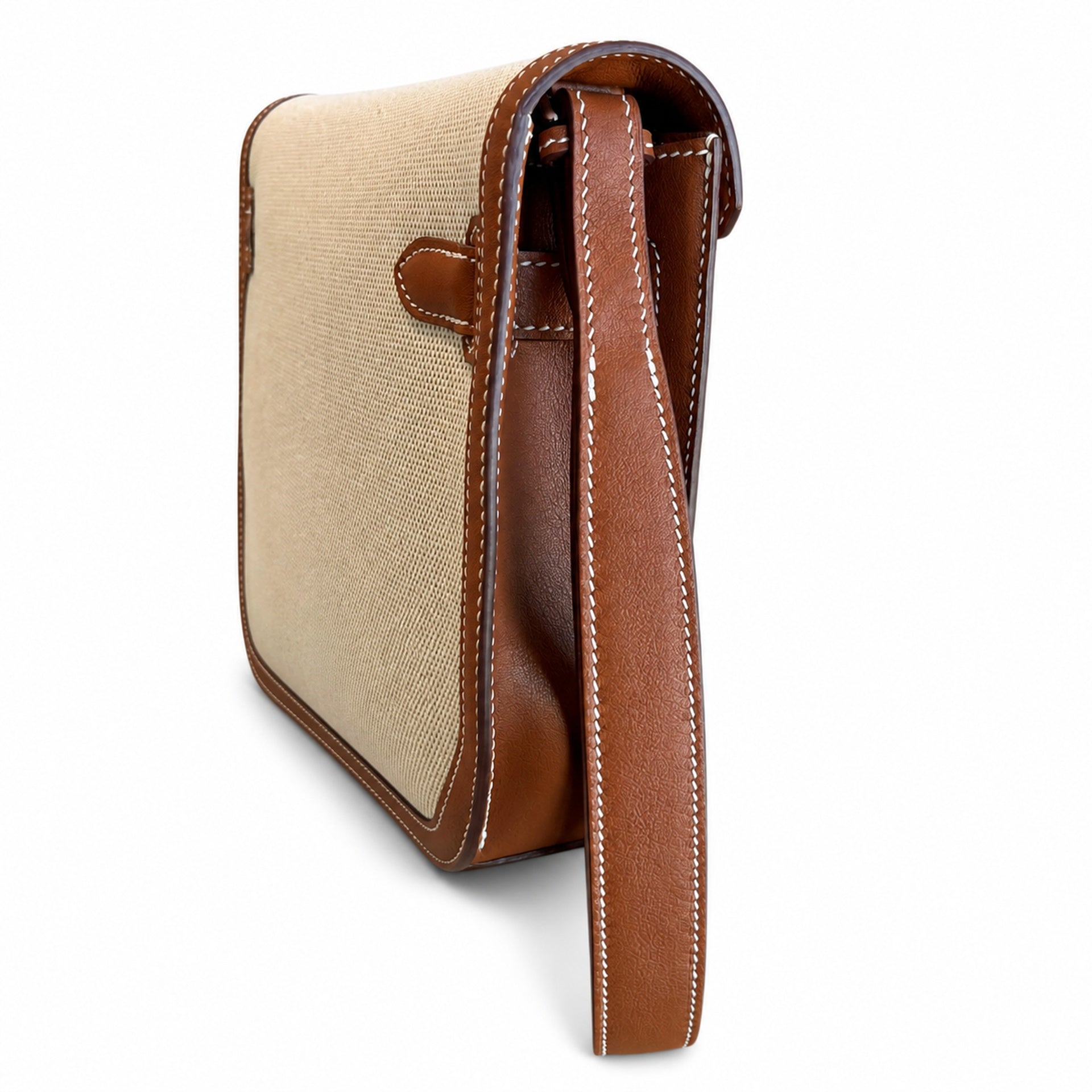 Hermès Kelly Dépêches 25 Ecru Toile Militaire / Fauve Swift Calf Leather Palladium Hardware