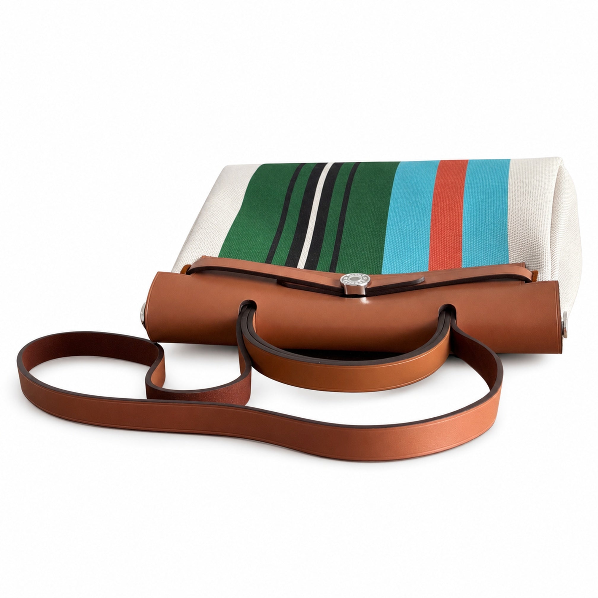 Hermès Herbag Zip 31 Écru Toile H Multicolor Vertical Stripe Print / Fauve Vache Hunter Leather Palladium Hardware