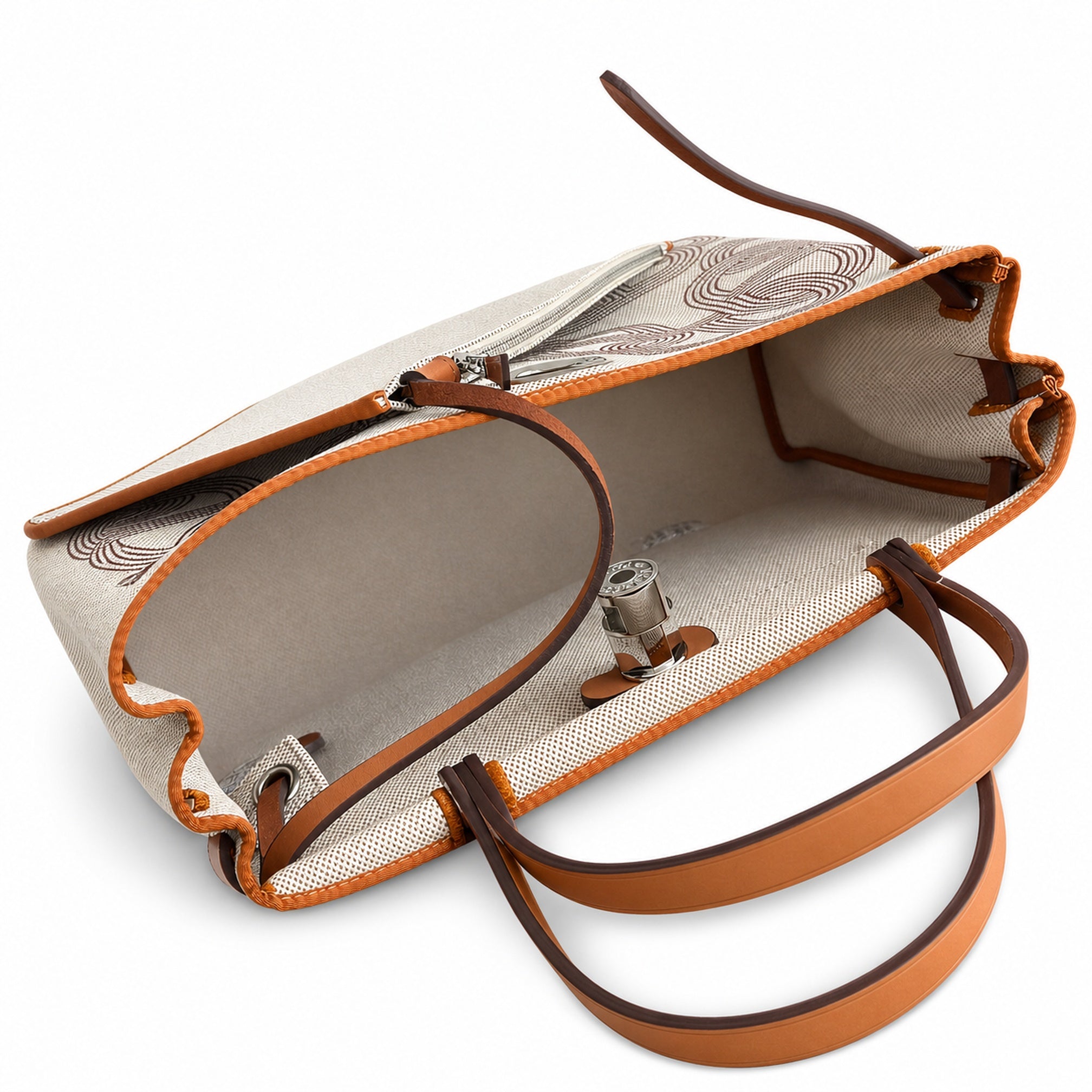 Hermès Herbag Zip 31 Écru Toile H Gris Chain D'Ancre Print / Fauve Vache Hunter Leather Palladium Hardware